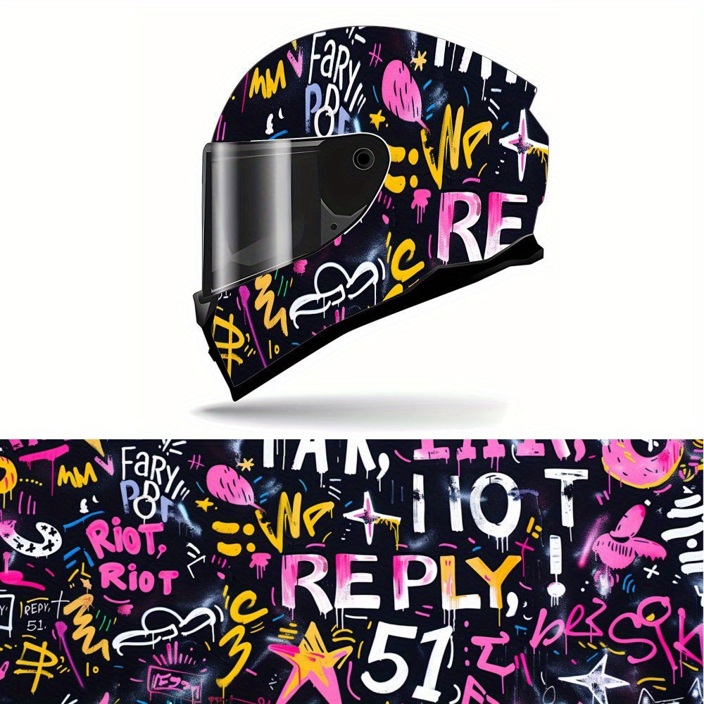 Vibrant Multicolored Graffiti Vinyl Wrap Sticker for Full-Face Helmets, Featuring Waterproof And Scratch-Resistant Self-Adhesive PVC Decals, Perfect for Adding an Artistic Touch to Motorcycle Racing Helmets And Helmet Accessories.
