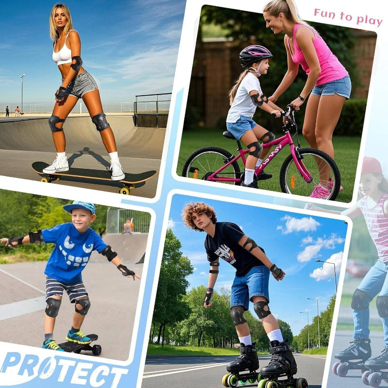 6 Pack YouthAdult Knee Elbow Wrist Protective Gear Set - Heavy-Duty Pads with Adjustable Buckles & Padding for Skateboarding, Roller Skating, Cycling, Scooter, Bike - Multi- Equipment for, & s ( &