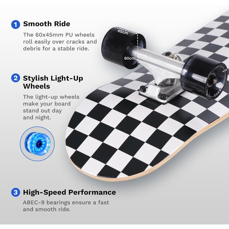 Complete Skateboard Set with LightUp Glow-in-the-Dark Wheels - Heavy-Duty 7-Ply Maple Deck, 220 lbs Weight Capacity, Full Protective Gear (Helmet\u002FWrist\u002FElbow\u002FKnee Pads) & Tool Kit for Boys & Girls - Beginner to Pro Skateboard Kit with