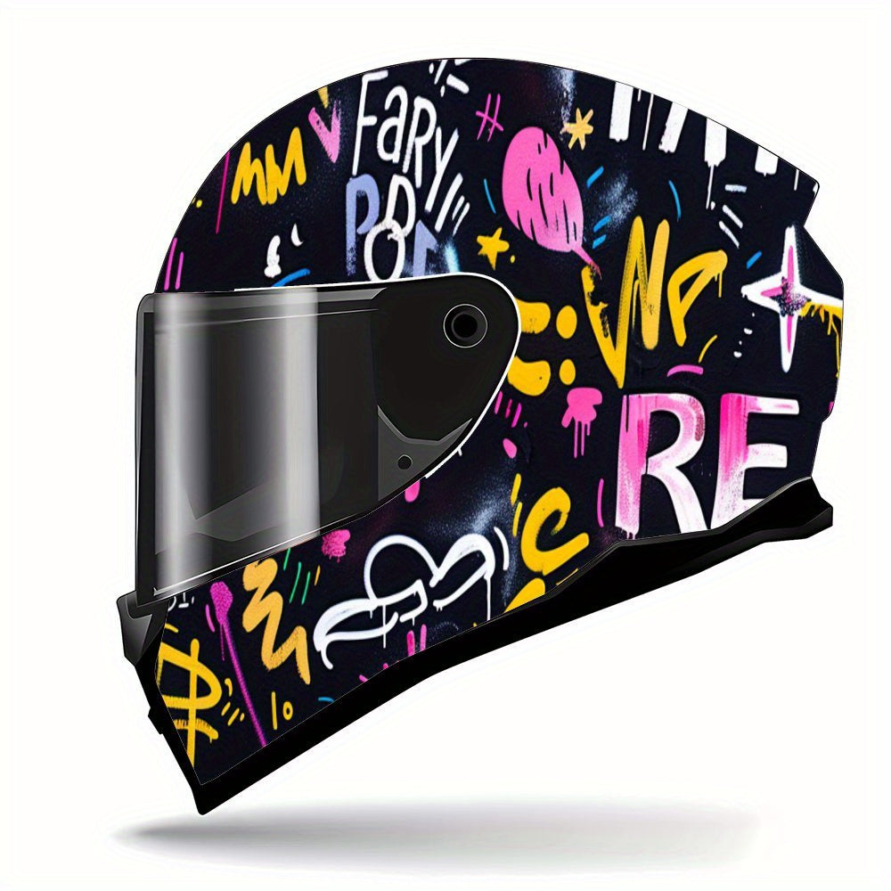 Vibrant Multicolored Graffiti Vinyl Wrap Sticker for Full-Face Helmets, Featuring Waterproof And Scratch-Resistant Self-Adhesive PVC Decals, Perfect for Adding an Artistic Touch to Motorcycle Racing Helmets And Helmet Accessories.