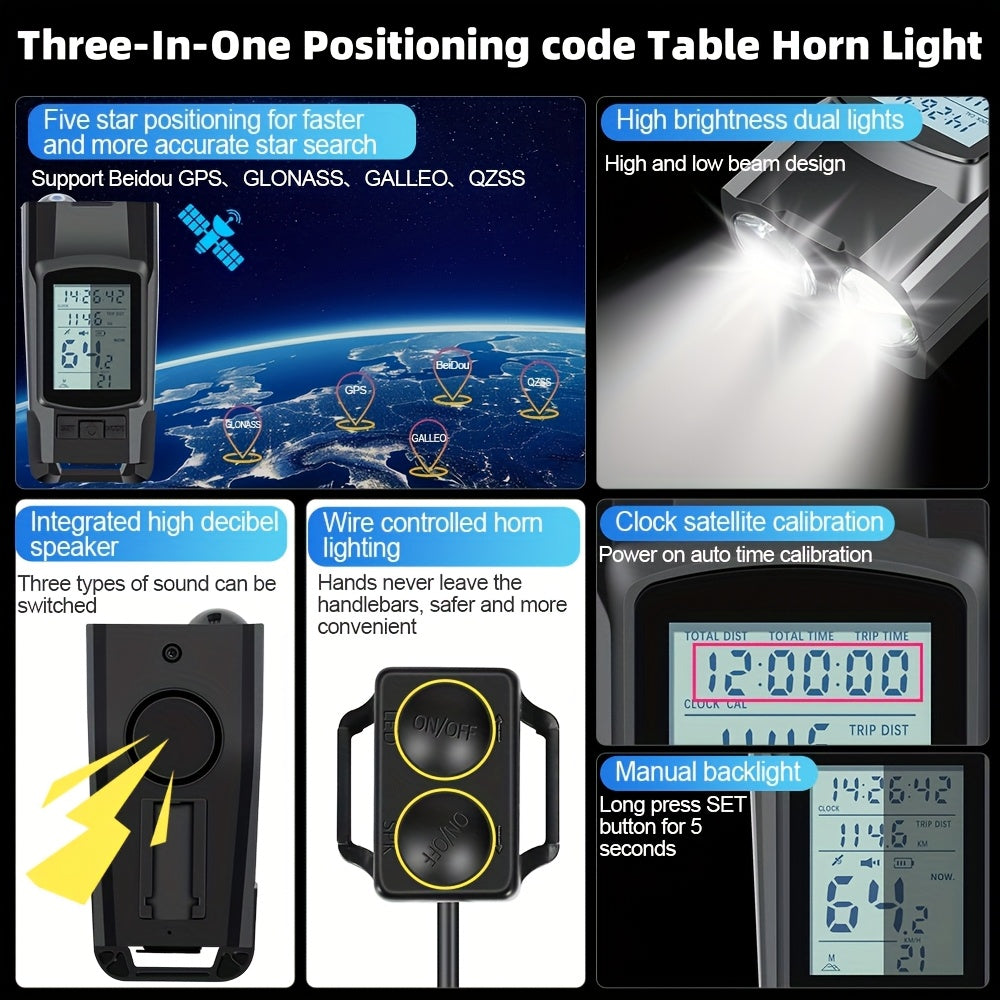 3-In-1 Bike Computer with Powerful LED Headlight, GPS Speedometer & Horn - USB-C Rechargeable Bike Odometer, Multi-Mode Display (Speed, Distance, Time, Calories, Altitude, Gradient), Long-Lasting Battery, Compatible with Smartphones\u002FApps