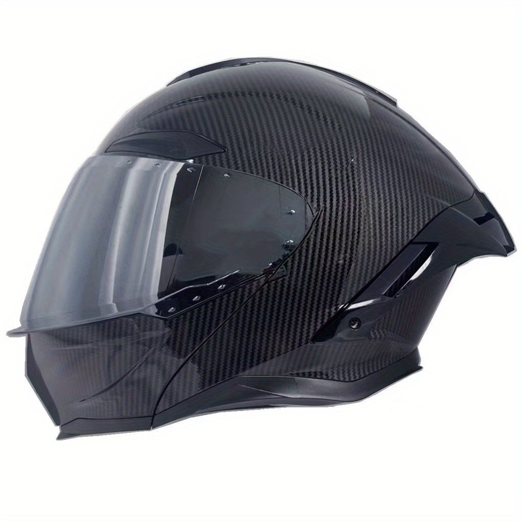 1 Carbon Fibre Pattern Flip-Up with Large Rear Wing & Dual-Lens System - All-Season Street Style Dual-Purpose for Motorcycle Riding & Casual Wear, Aerodynamic Design, Enhanced Visibility, Fit, Durable & Lightweight Construction, All-Season Use