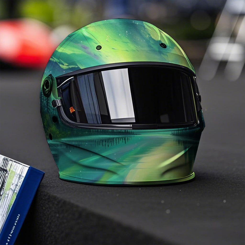 Impact Green Aurora Full Face Helmet Sticker - Waterproof, Scratch Resistant, Self-Adhesive PVC Patch, Motorcycle Racing Helmet Accessories | Rugged Pattern Design | Durable Helmet Sticker, Ideal Gift, Vehicle, Bike Accessory, Sporty Decal