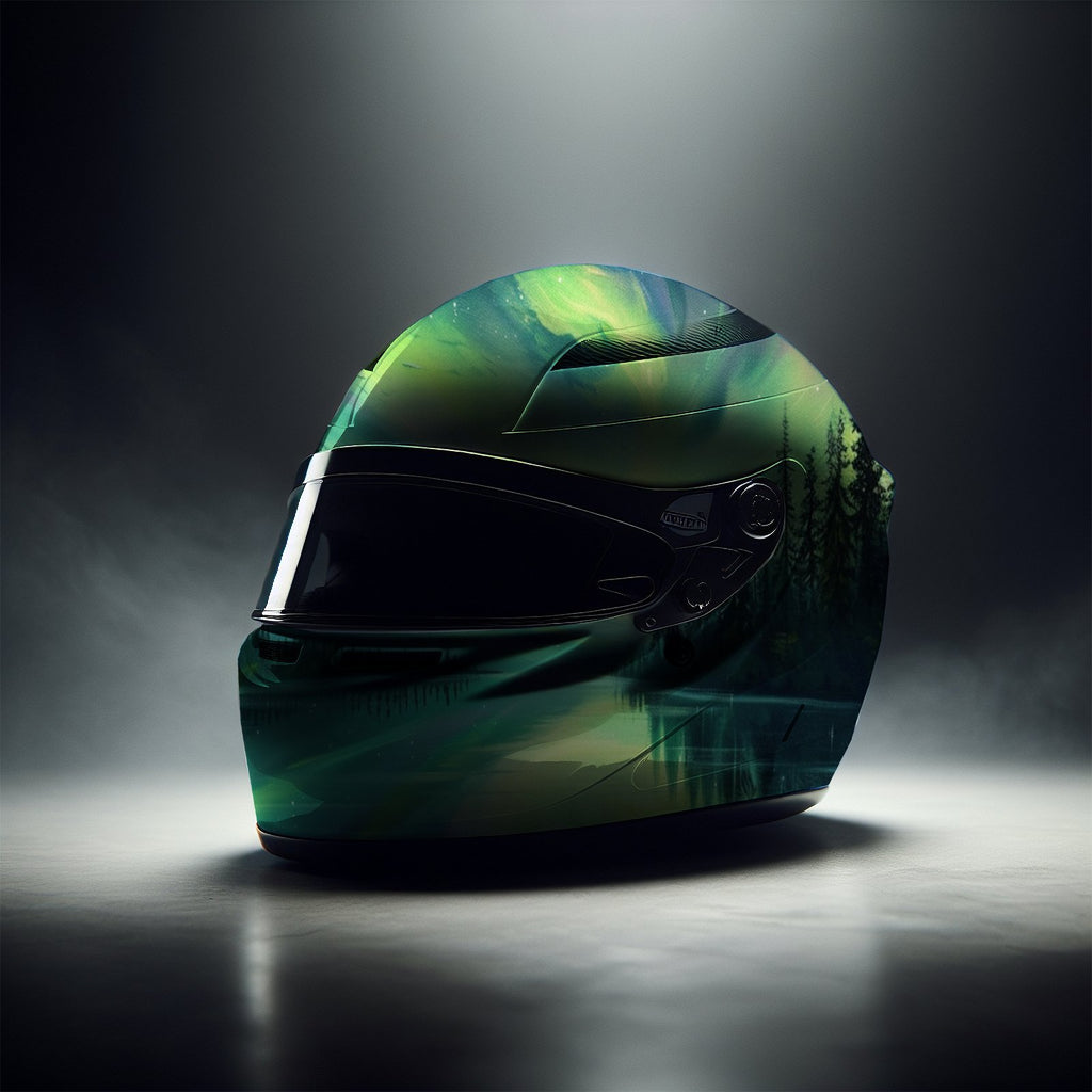Impact Green Aurora Full Face Helmet Sticker - Waterproof, Scratch Resistant, Self-Adhesive PVC Patch, Motorcycle Racing Helmet Accessories | Rugged Pattern Design | Durable Helmet Sticker, Ideal Gift, Vehicle, Bike Accessory, Sporty Decal